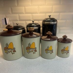 70s Vintage Mushroom Canister Set Cream Brown Yellow Orange Metal Retro Kitsch